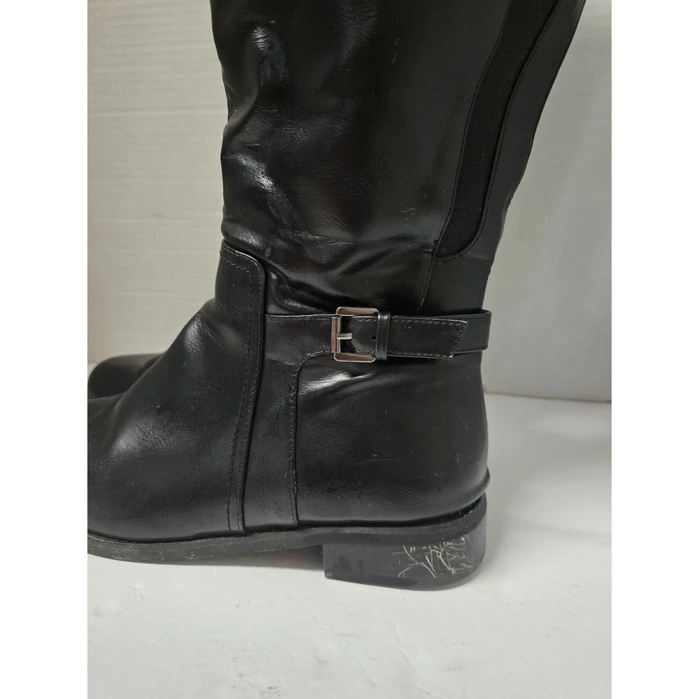 Black Knee High Riding Boots Wide Calf Elastic Gore Buckle Detail Size 9.5W